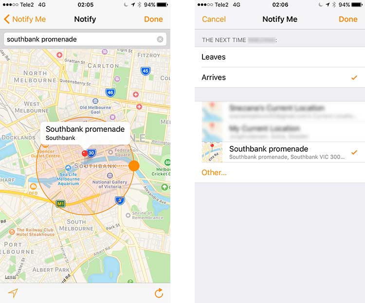 Enable notification on Find My Friends when husband arrives to geofence